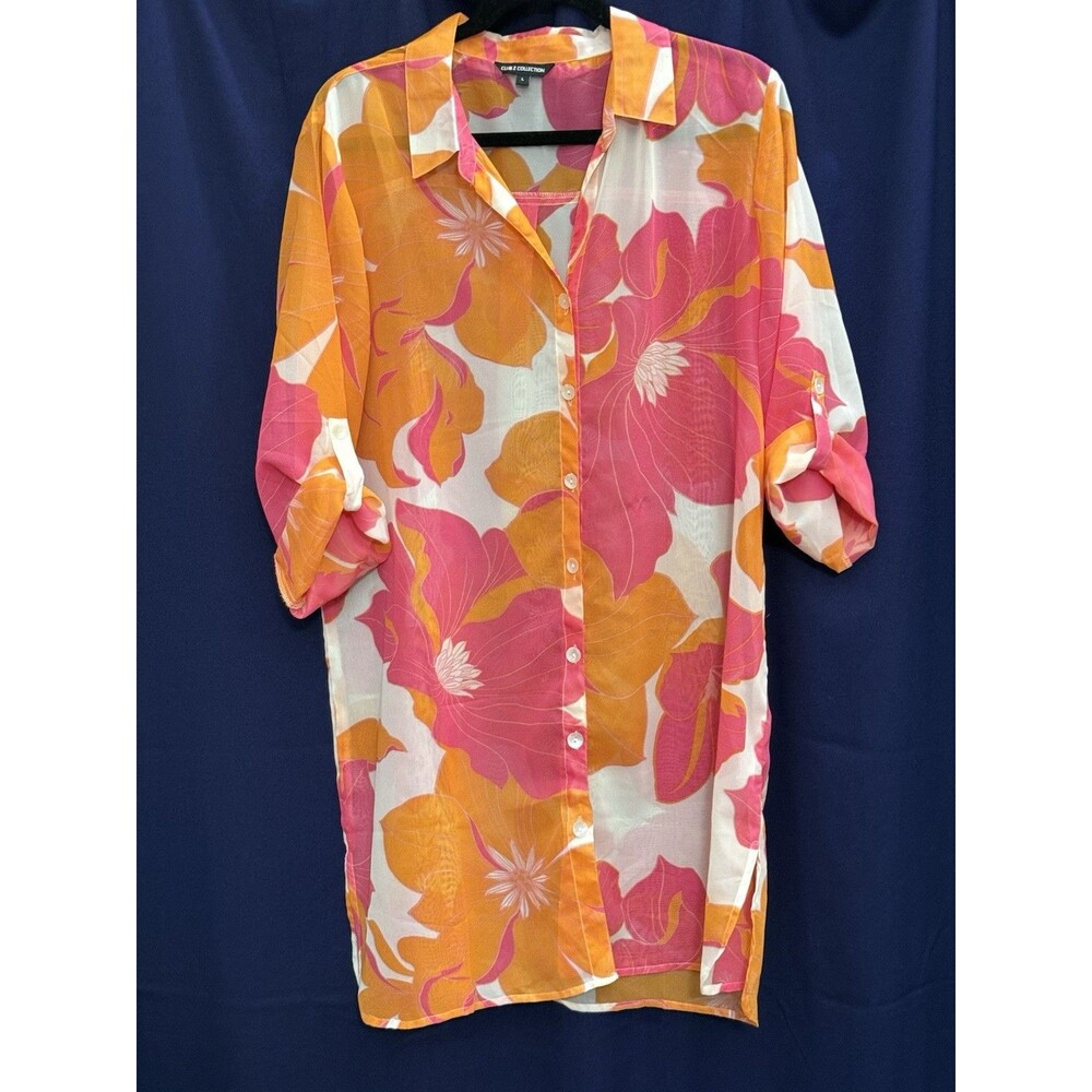 VTG Y2K Mod Tropical Floral Sheer Tunic Cover Up Palm Springs Glam L - Picture 2 of 14